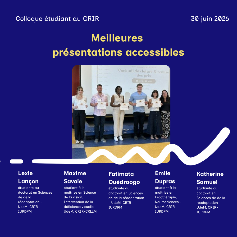 Photo de groupe des cinq lauréates et lauréats des prix des meilleures présentations accessibles décernés par le Réseau de recherche en sciences de la vision dans le cadre du Colloque étudiant du CRIR 2026. Le visuel identifie Lexie Lançon, Maxime Savoie, Fatimata Ouédraogo, Émile Dupras et Katherine Samuel, récipiendaires de cette distinction.